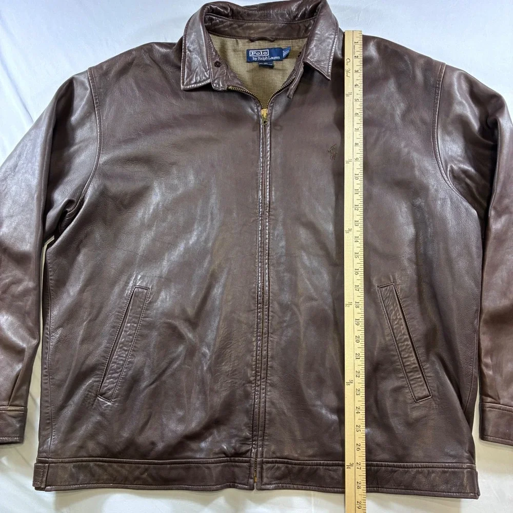 Polo Ralph Lauren Mens XXL Brown Leather Harrington Jacket Houndstooth Lining